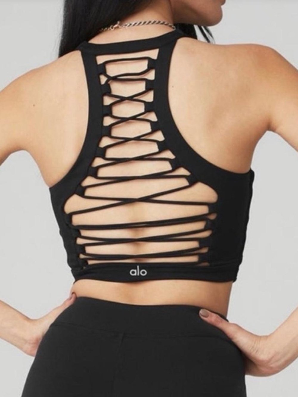 ALO Yoga Black Strappy Lace Back Tank Top